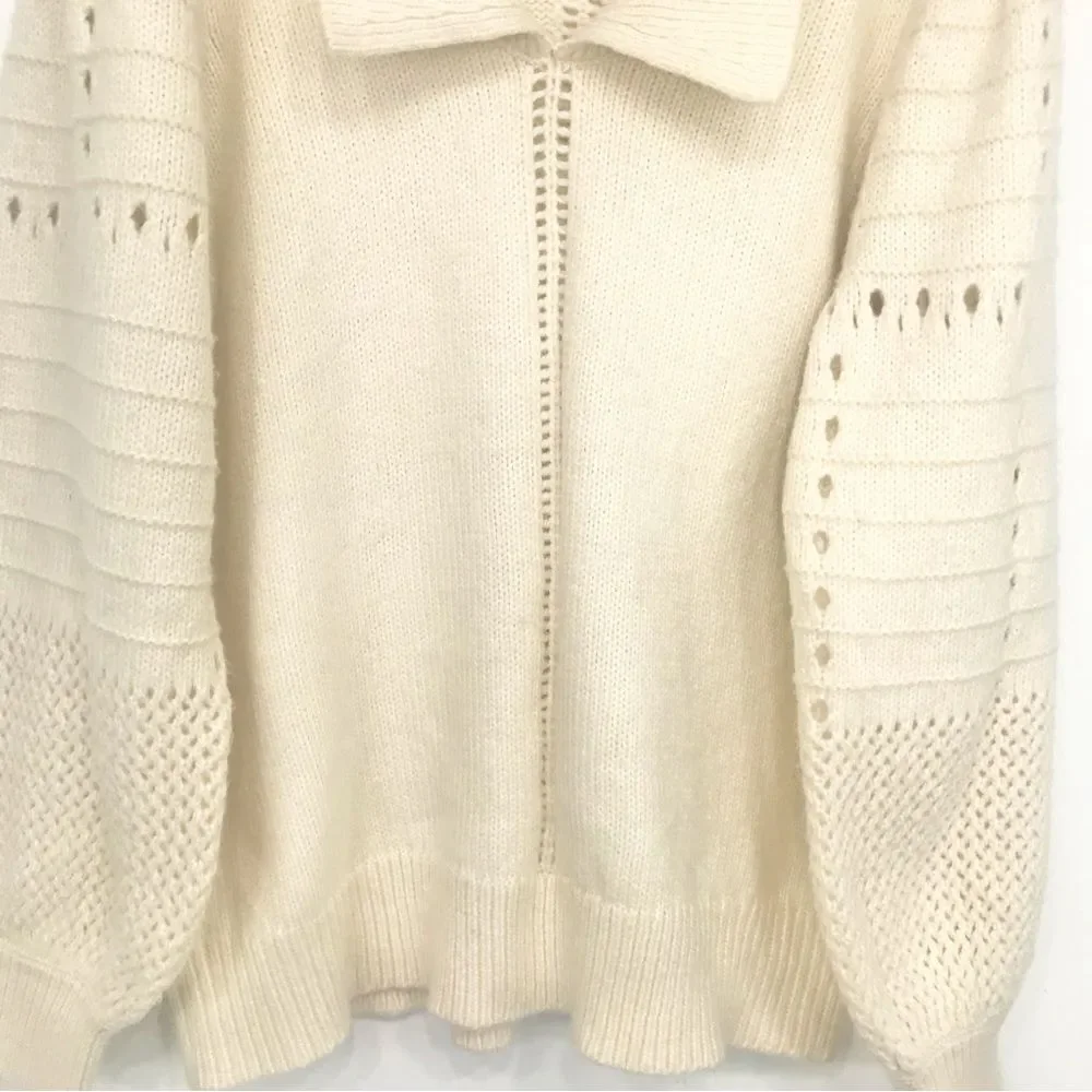 Design 365 Cream Cozy Puff Sleeve Collared Pullover Thick Knit Sweater